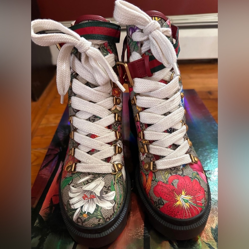 Gucci Floral Supreme Combat Boots Nib